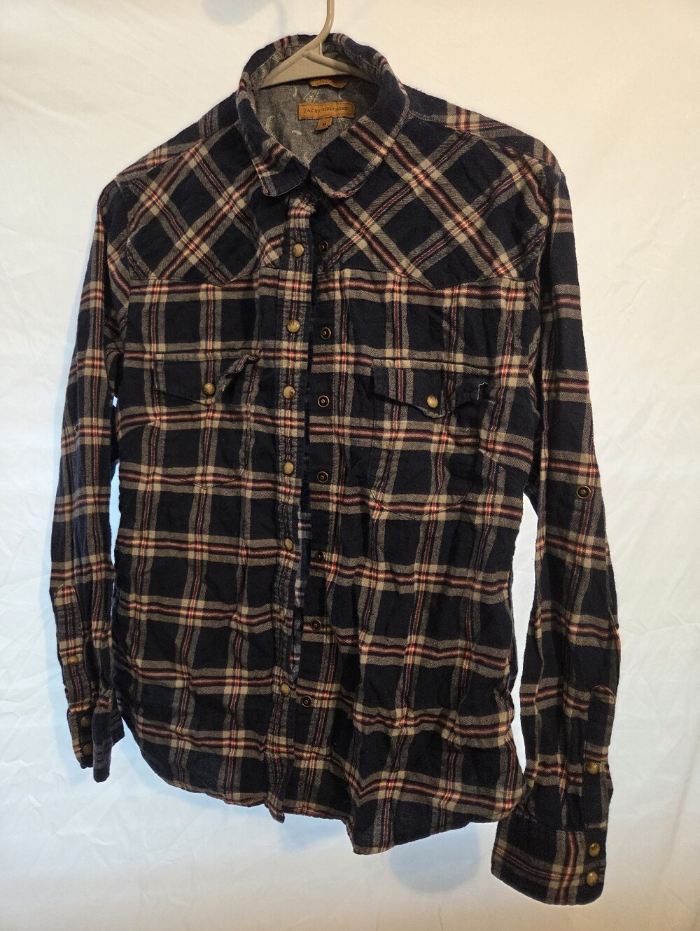 Plaid Button-Up Flannel Shirt - Black/Tan/Red